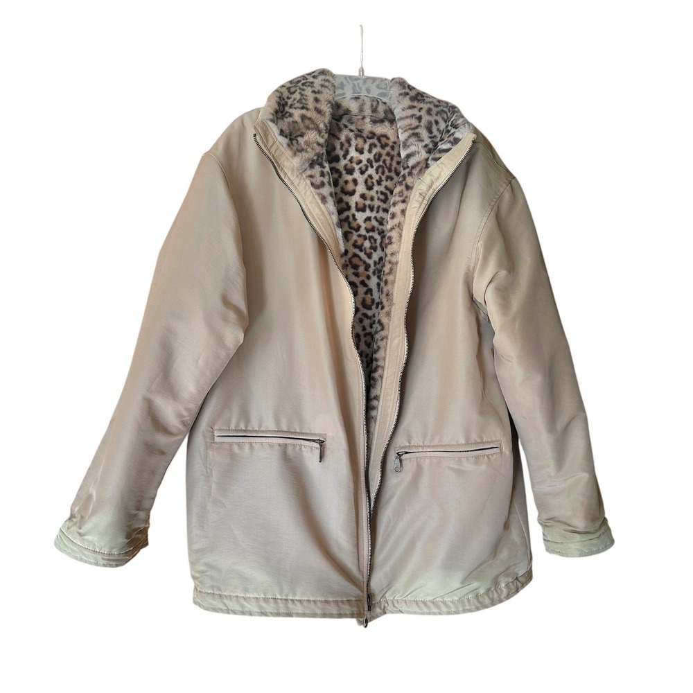 Reversible Faux Fur Leopard Jacket Coat Women's M Beige Oversized by Blue Studio